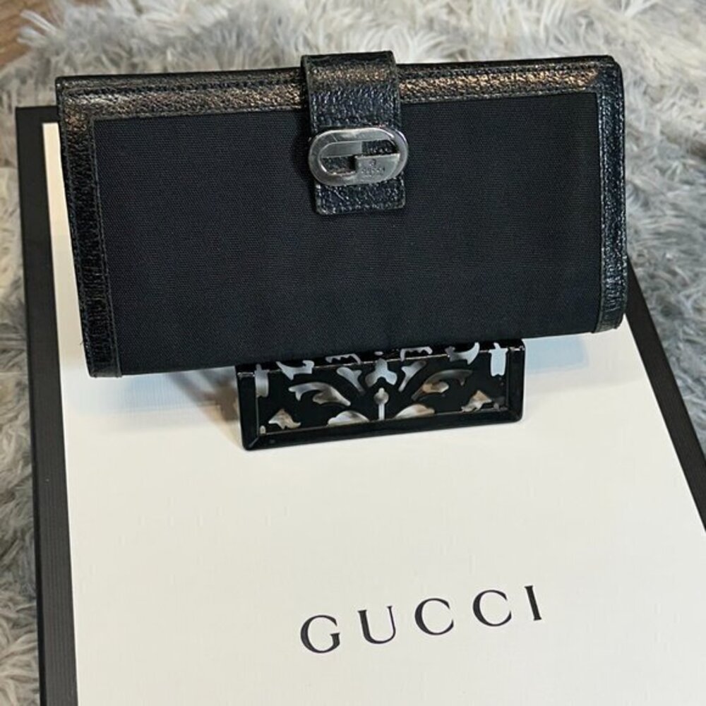 GUCCI x GG SNAP LOGO BLACK LONG LEATHER + CANVAS WALLET | EUC VINTAGE TF ERA
